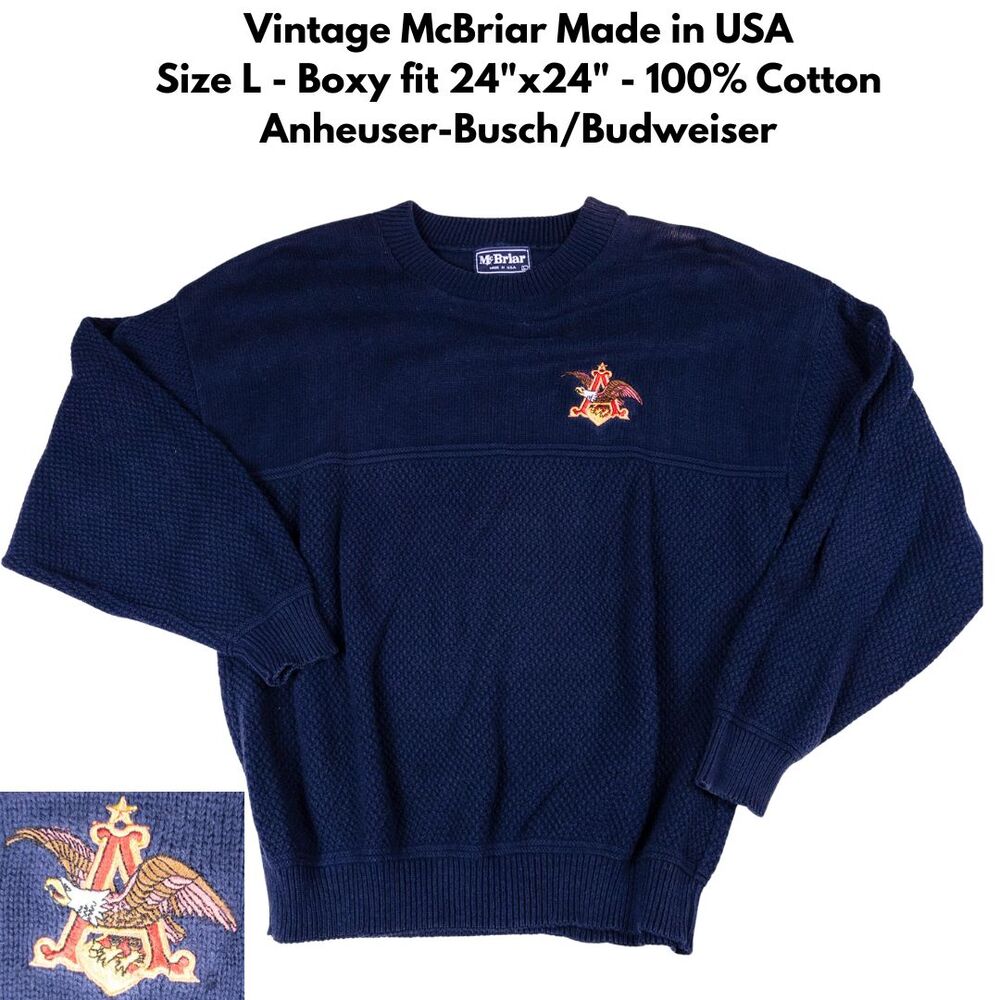 Vintage McBriar Made in USA Budweiser Anheuser Busch Sweater L Navy Cotton Crewn